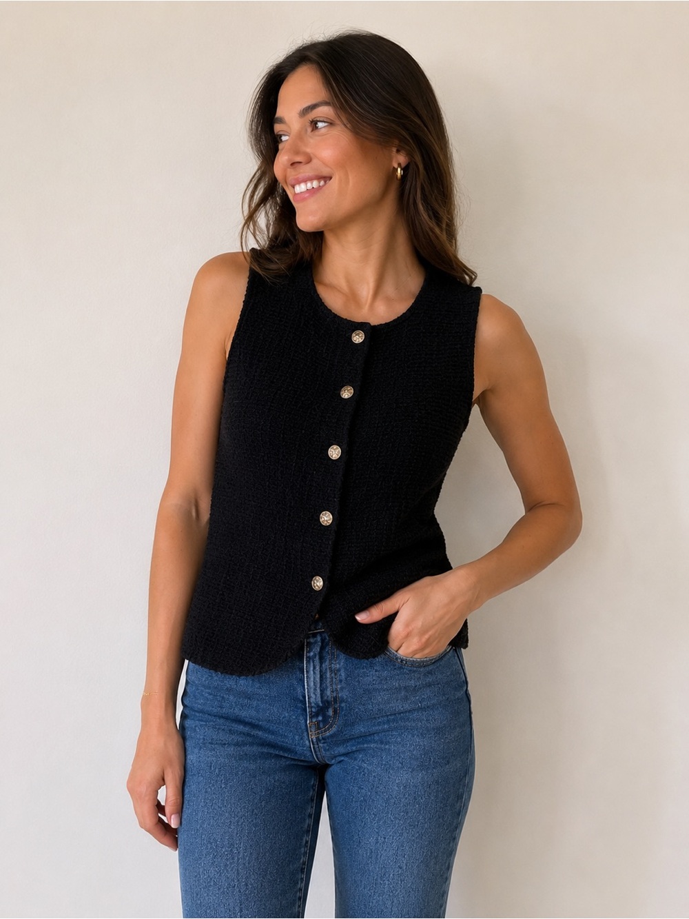 Zara Black Sleeveless Button-Front Tank